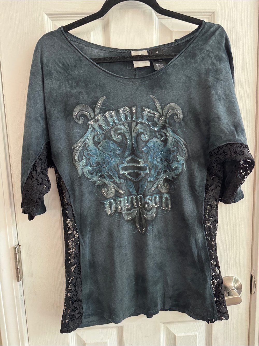 HARLEY DAVIDSON Y2k Tie Dye Lace Rhinestone Graphic Tee Size Medium